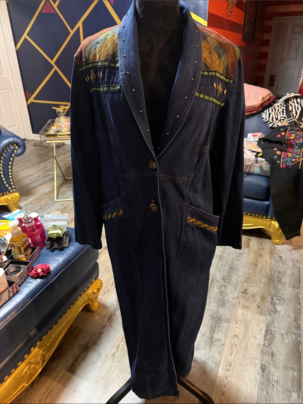 Vintage Nancy Bolen Dark Blue Long Denim Jacket/Duster w/ Embroidered Shoulders
